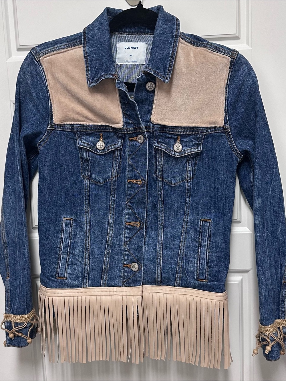 Blue Denim Jacket with Beige Velour Panels & Fringe Hem